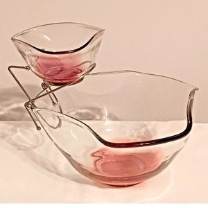 Vintage Anchor Hocking Clear Wave Glass Ruby Bottom Chip&Dip Bowls w/Brass Clip